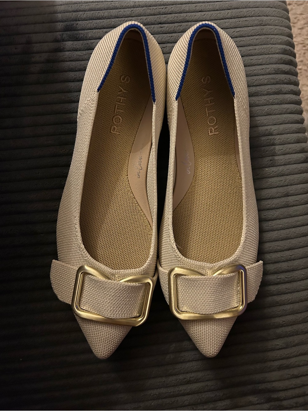 Rothy's βThe Emblem Point IIβ pointed flats with gold hardware